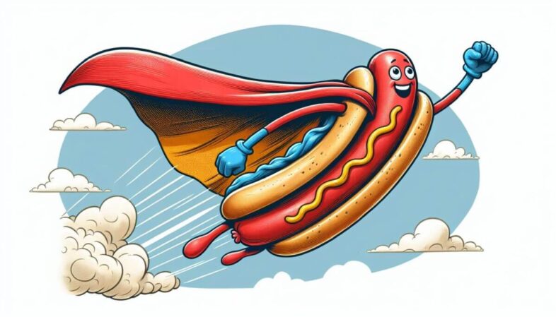 Cartoon of hot dog wearing a cape, flying across the sky