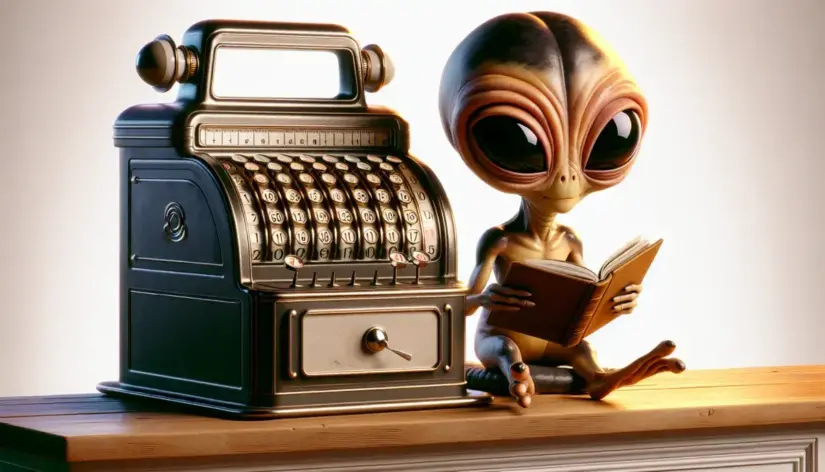 cartoon alien on counter reading a book