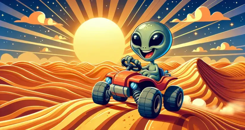 cartoon alien riding in a dune buggy