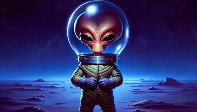 cartoon alien wearing a glass helmet on a distant planet