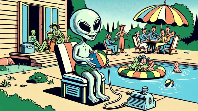 cartoon alien inflating a beach ball with family and friends around the pool.