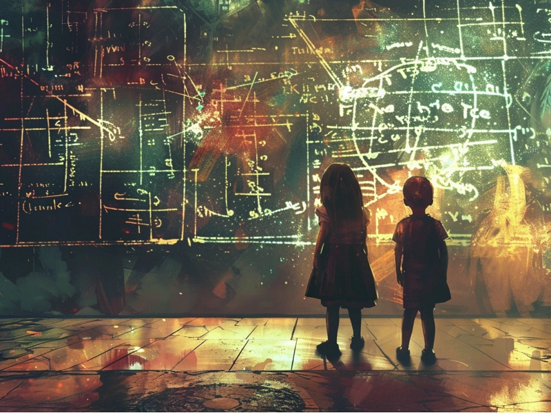 illustration of two children standing in front of a complicated math board