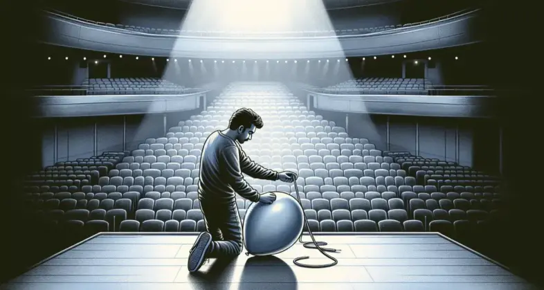 man on a dark stage with a balloon